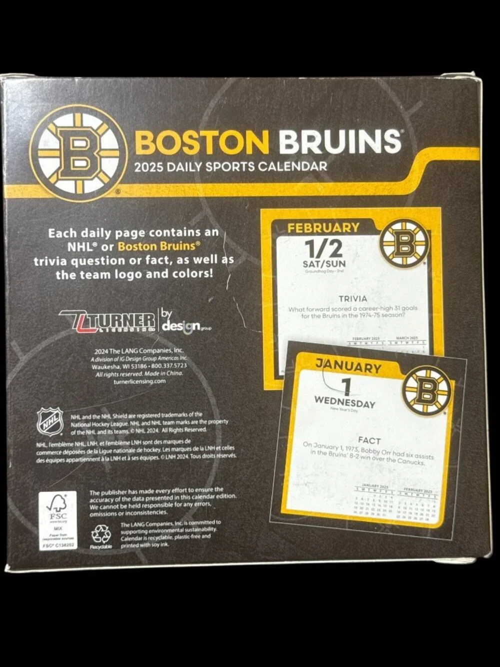 Boston Bruins 2025 Daily Sports Calendar Trivia & Facts New in Box